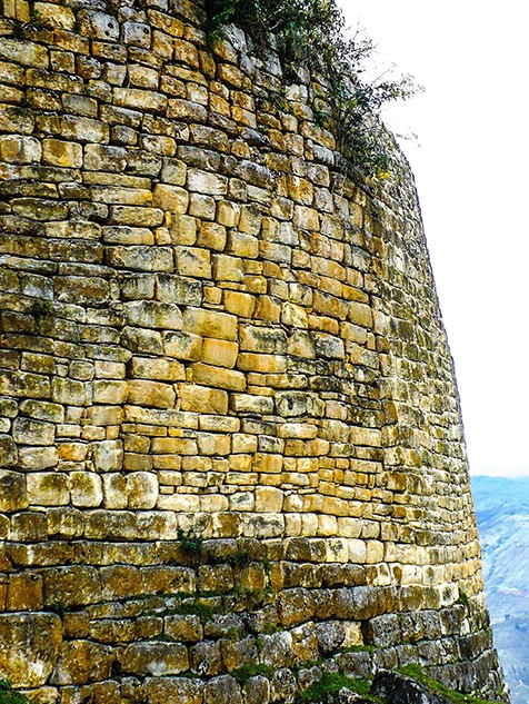 A tall wall of fitted stone at Huchuy Qosqo, plants growing along its top